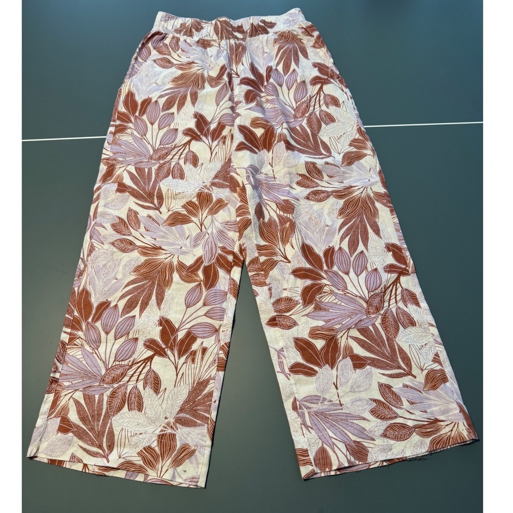 Tahari Womens XS 100% Linen Wide Leg Pants Tropical Leaf Print High Rise Purple